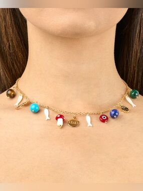 Malachite, Freshwater Pearl, Tiger Eye, and Turquoise Lucky Charm Necklace